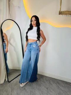CALÇA JEANS MAXI BICOLOR