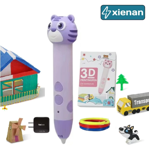 XIENAN Lapiz 3D Recargable - Gatito - Base - Filamentos - Incluye Fuente 220v - Lila