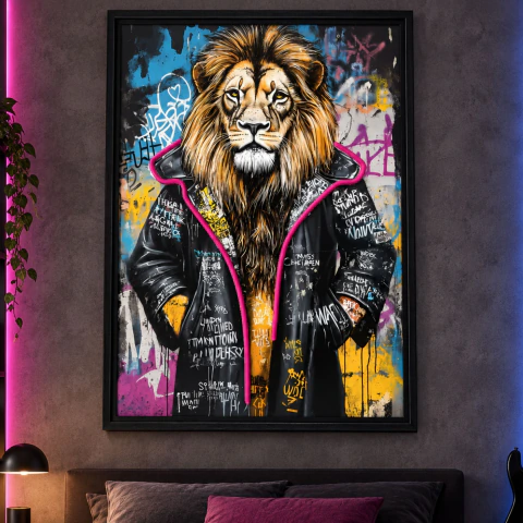 Cuadro Canvas Leon Luces Neon - Bateria Litio - 70x50cm