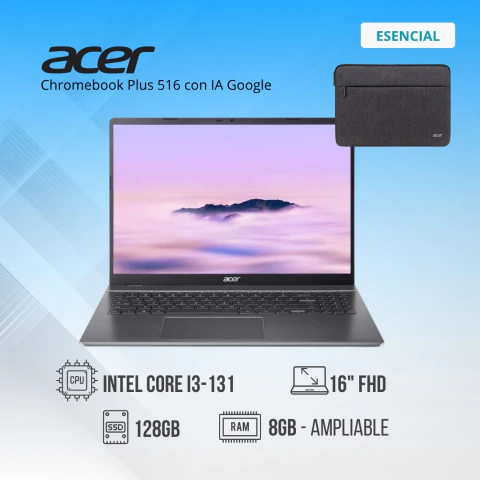 ACER Chromebook Plus 516 con IA Google- - I3-1315U - 8GB DDR5 - 128GB UFS - 16 IPS FHD - ChromeOS - Steel Gray