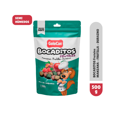 Doypack de 500gr de Bocaditos Semihúmedos Golocan sabor frutal, manzana, frutilla y durazno