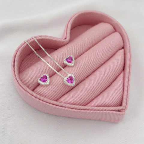 Conjunto Coração Cravejado Pink Prata 925