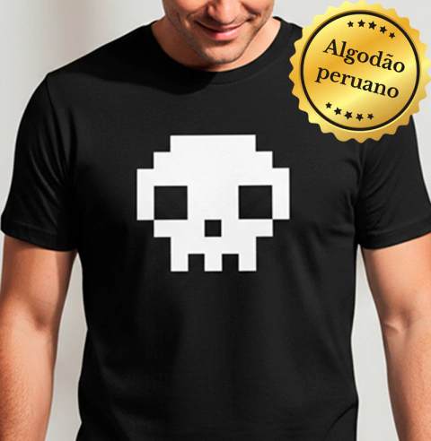 Camiseta Algodão Peruano Pixel Caveira