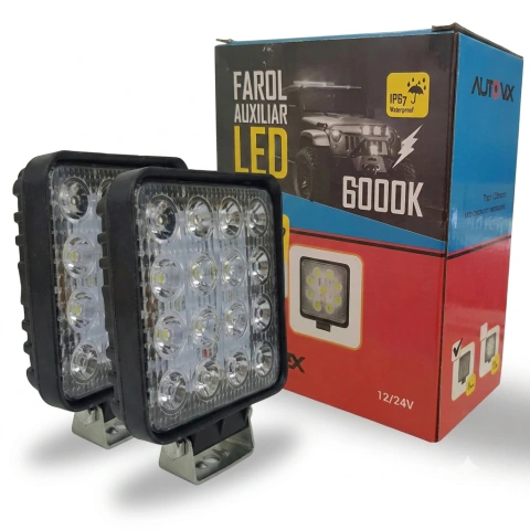 CD7771 Par Farol Milha Auxiliar Quadrado 16 Leds Branco 48W Bivolt 12V 24V Off Road