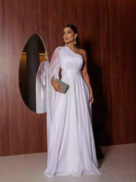 VESTIDO UM OMBRO SÓ TECIDO COM GLITTER BRANCO ANDY