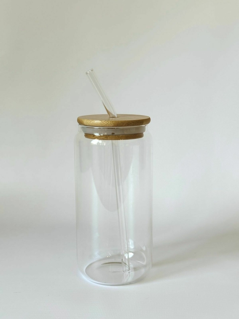 VASO DE VIDRIO CON TAPA DE BAMBOO Y SORBETE 550 ML