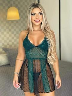 Camisola Poema c/ calcinha fio String sensual em renda e poa