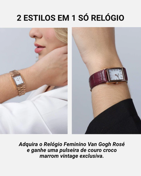 Kit Relógio Feminino Van Gogh Rosé Gold Fundo Branco + Pulseira Couro Croco Marrom Vintage (Intercambiável) - comprar online