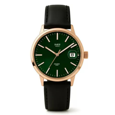 Relógio Bazeli Amazônia 40 mm masculino, caixa rosé gold, mostrador verde, pulseira de couro preta — vista frontal.