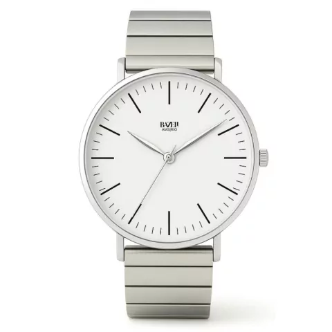 Relógio masculino prata com pulseira estilo piano, mostrador branco e 40mm de diâmetro