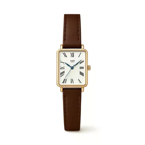 Relógio feminino quadrado com pulseira de couro marrom e caixa em rosé gold, mostrador branco com números romanos pretos