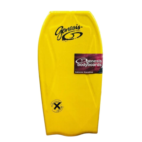 Bodyboard amarelo modelo Extreme Genesis 42 polegadas com logo Genesis e etiqueta da marca Genesis bodyboards