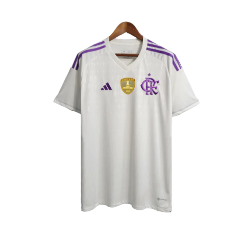 Camisa Flamengo II 23/24 Torcedor Masculina - Branco com detalhes em roxo com todos os patrocinio
