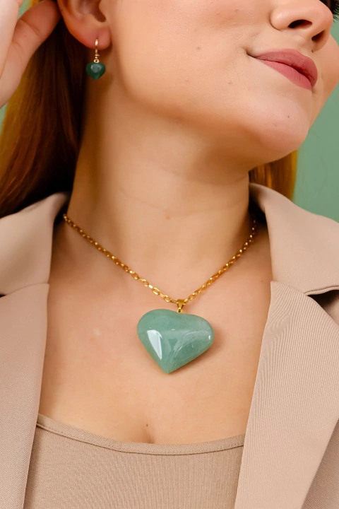 Colar Coração M Quartzo Verde