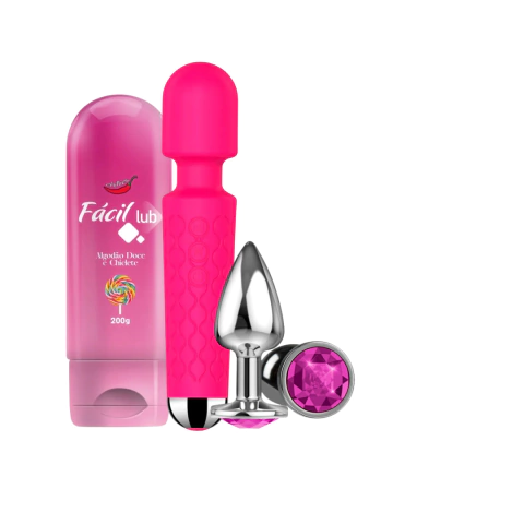 kit com vibrador varinha magica, plug anal joia e lubrificante fácil lub - comprar online