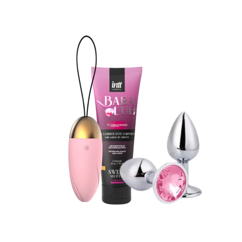 Kit com cápsula vibratória, plug anal joia e lubrificante babalub