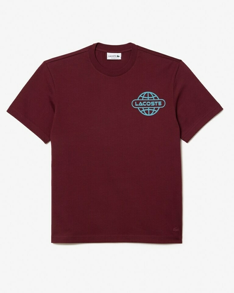 Camiseta lacoste world estampada nas costas ( vinho )