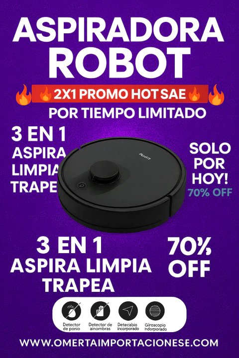 2X1 Aspiradora Robot Inteligente 3 en 1 - Aspira, Barre y Limpia 70% OFF