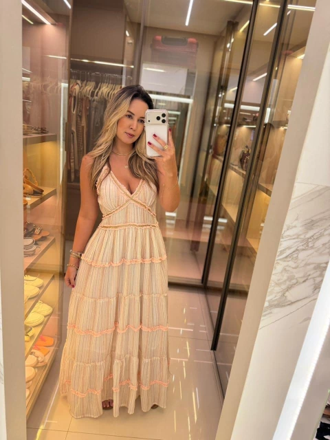 Vestido Idiano Longo Listrado c/ Fios Dourado - comprar online