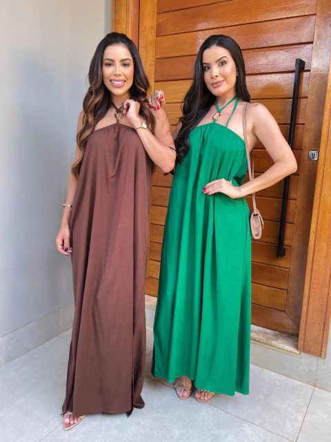 Vestido Longo Amarração no Pescoço e Detalhe Dourado - comprar online