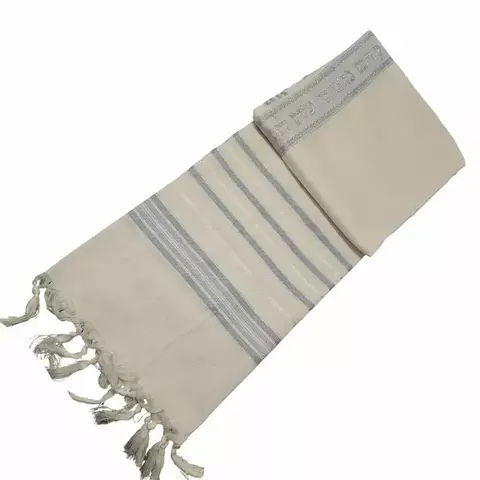 Talit Gadol Tela Acrílica Blanco con Celeste y Plateado - comprar online
