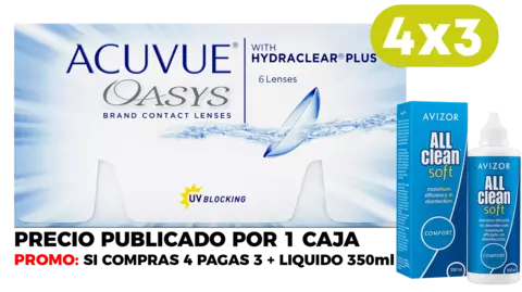 Lentes de contacto Acuvue OASYS, precio por 1 caja, comprando 4 pagas 3 + Liquido 350 ml de regalo