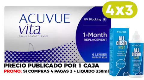 Lentes de contacto Acuvue VITA, precio por 1 caja, comprando 4 pagas 3 + Liquido 350 ml de regalo