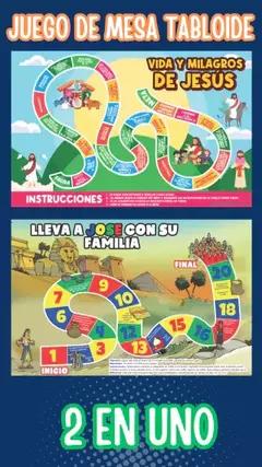 JUEGO DE MESA TABLOIDE PLASTIFICADO 2 EN UNO: VIDA Y MILAGRO DE JESÚS Y LLEVA A JOSÉ CON SU FAMILIA