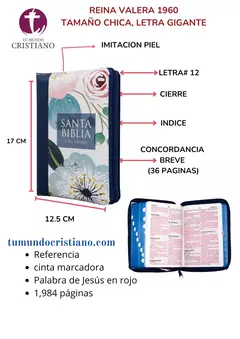 Biblia Reina Valera 1960 bolsillo, Letra Gigante bolsillo 12 puntos Imitación Piel Azul Flores [RVR046cZTILGPJR]