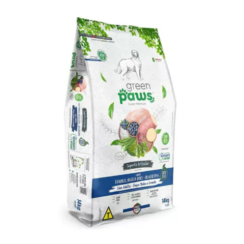 Ração Green Paws para Cães Adultos Raças Médias e Grandes Sabor Frango Batata Doce e Blueberry - Suporte Articular - 14kg