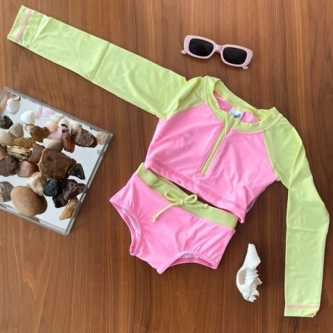 Conjunto praia estampa lisa lycra kids proteção uv50+