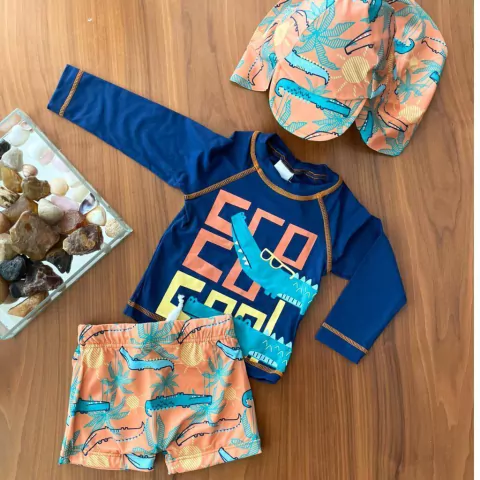 Kit 3 peças praia jacarezinho lycra toddler proteção uv50+