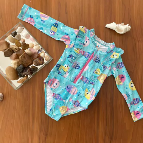 Body praia manga longa peixes elastano toddler proteção uv50+
