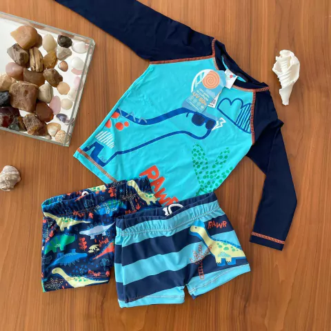 Kit 3 peças praia dino elastano kids proteção uv50+