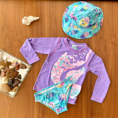 Kit praia 3 peças peixes elastano toddler proteção uv50+