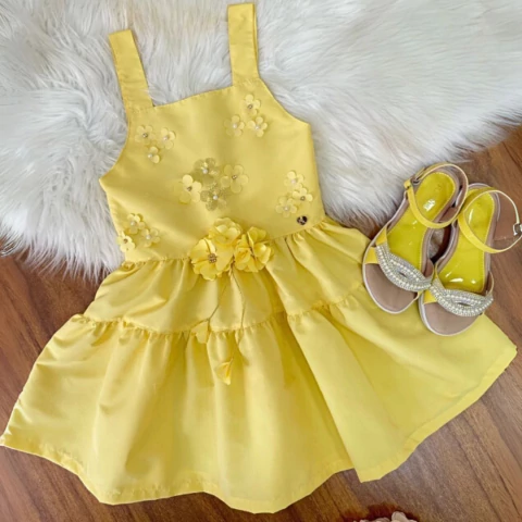 Vestido infantil de Alça Amarelo C/ Apliques de Flores Luxo - comprar online