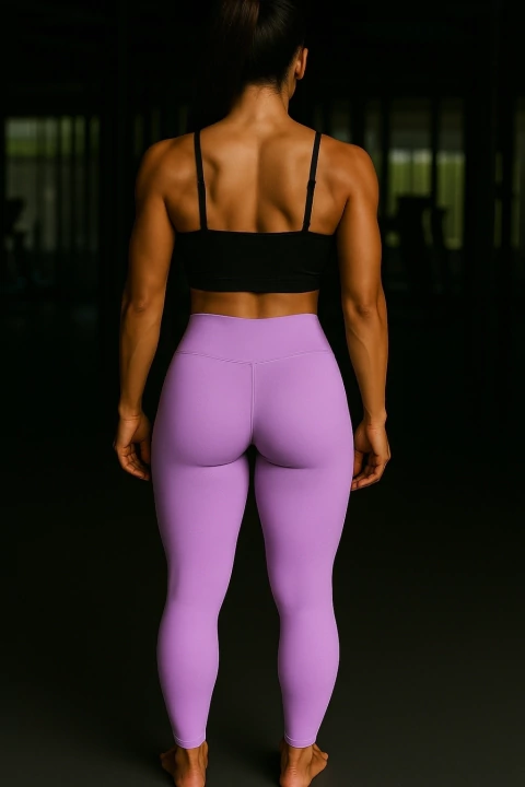 Mulher vista de costas usando conjunto fitness feminino com legging roxa de poliamida e top preto com alça fina