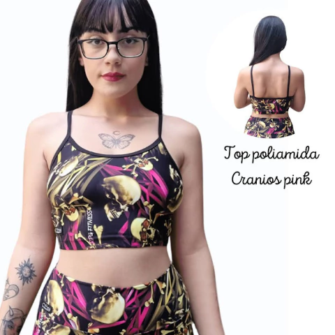 Top Alça Poliamida Crânios Pink