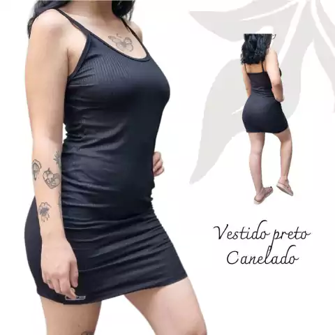 Vestido Alça Canelado Preto