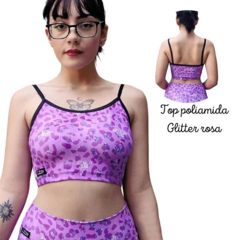 Top Alça Poliamida Gliter Rosa