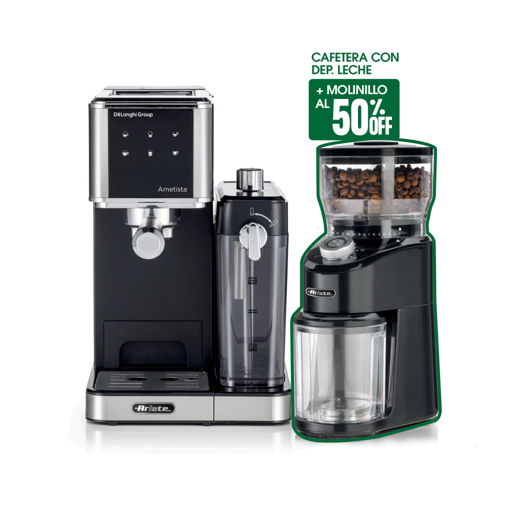 Cafetera con Dep. Leche Metal + Molinillo Negro