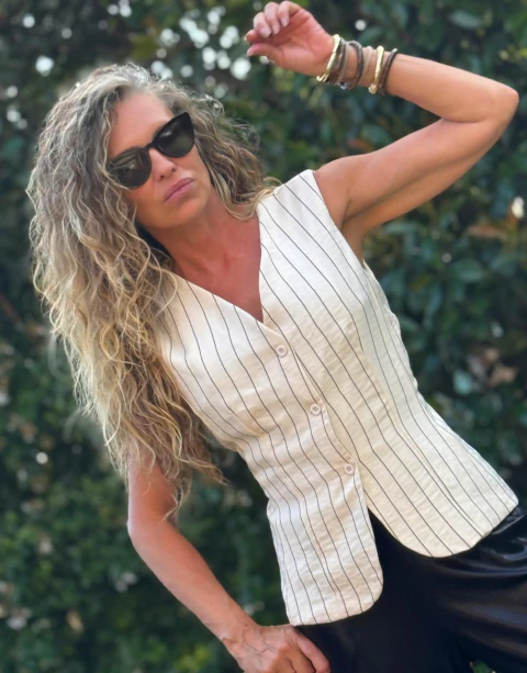 Chaleco sastrero lino rayado — Natural