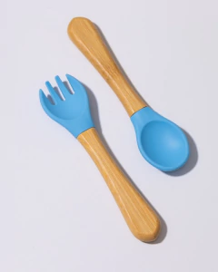 Kit talher infantil de Bambu e Silicone - Azul - comprar online