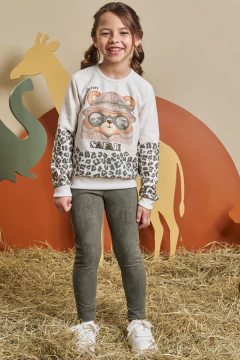 Conjunto Infantil Menina Blusão Alongado em Moletom Linho e Legging em Cotelê Bege Claro 90578
