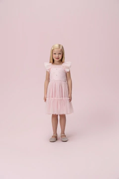 Vestido Menina Infantil Rosa Tule Babados e Pérolas Petit Cherie 103128184