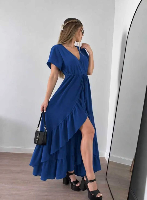 Vestido largo cruzado con bolados pareo lino cey