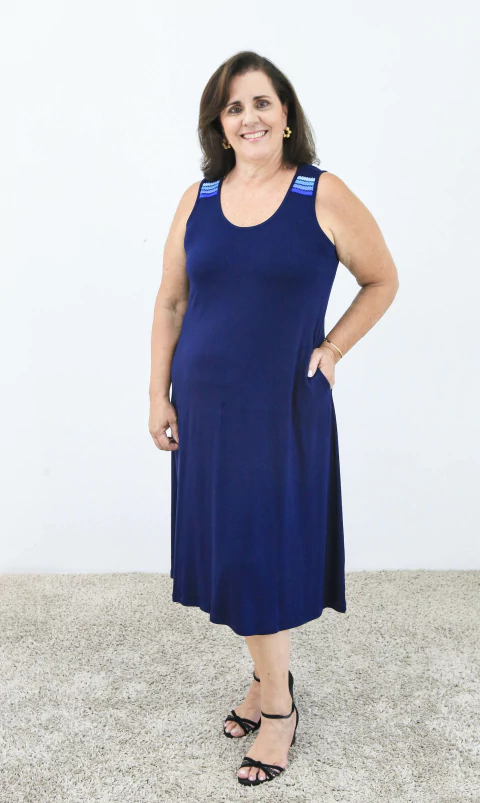 Vestido Midi Evasê Marinho Detalhe Ombro