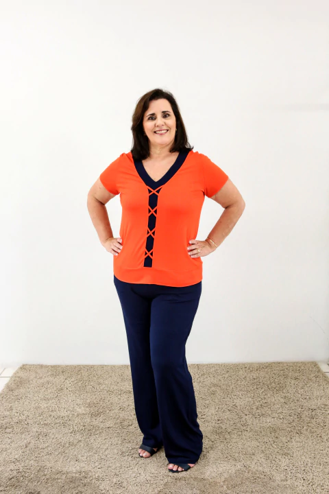 Conjunto Decote V Bicolor Marinho/Laranja