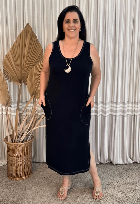 Vestido Regata Midi com Bolsos Preto