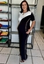 Conjunto Calça e Blusa Manga Curta Tricolor Preto, Branco e Bege, com Friso Bege